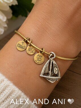 Alex and Ani Sailboat Charm Expandable Bangle Bracelet Gold Tone Nautical